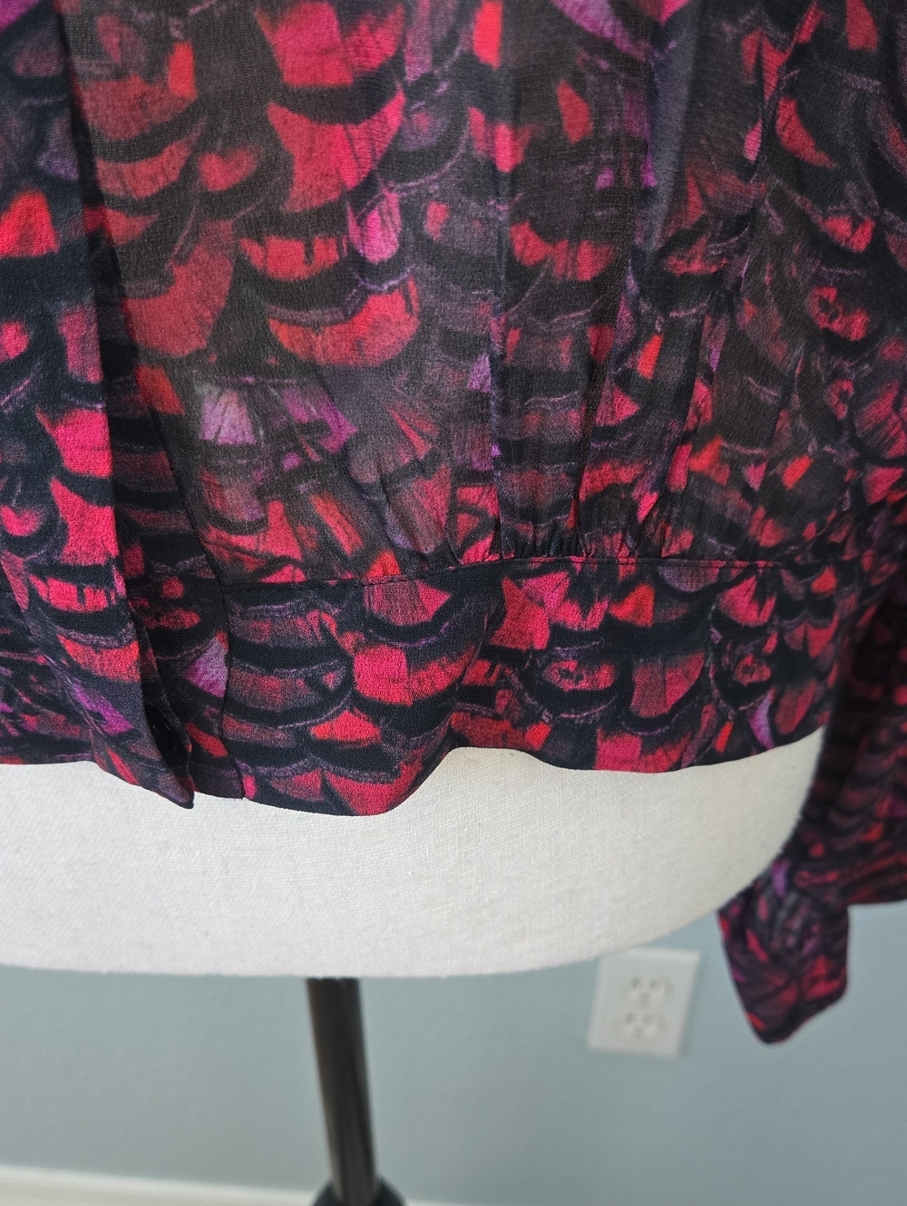 All Saints Adeliza Plume Blouse Jewel Tone Semi Sheer Feather Printed Sz Medium - Picture 8 of 16